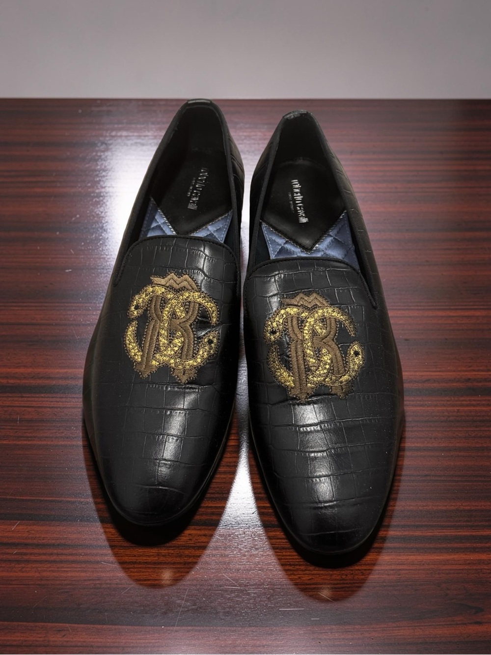 Roberto Cavalli Black Croc-Embossed Leather Loafers with Gold Monogram